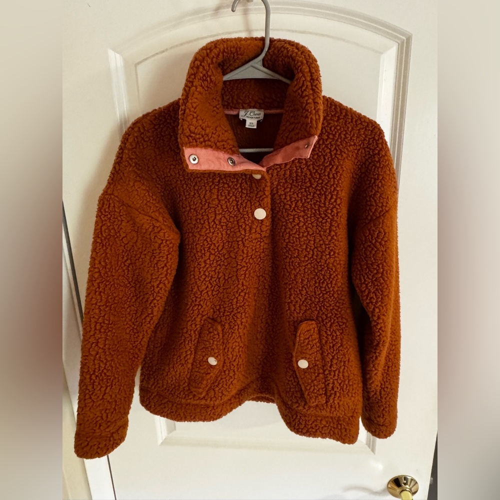 J. Crew Vintage Fleece Jacket in Burnt Orange with Pink Trim
